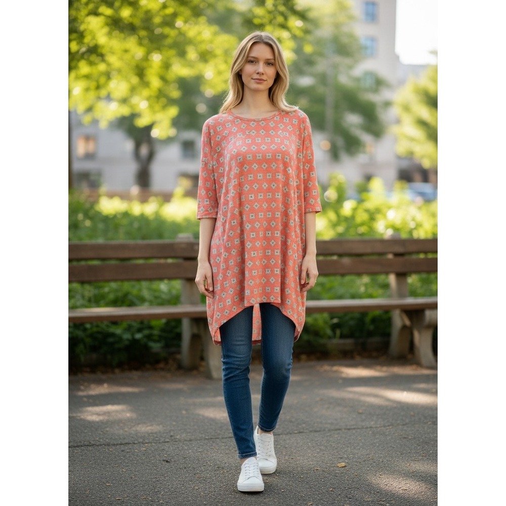 LuLaRoe Irma Tunic Top XXS Coral Pink Mint Green Geometric High Low Half Sleeve